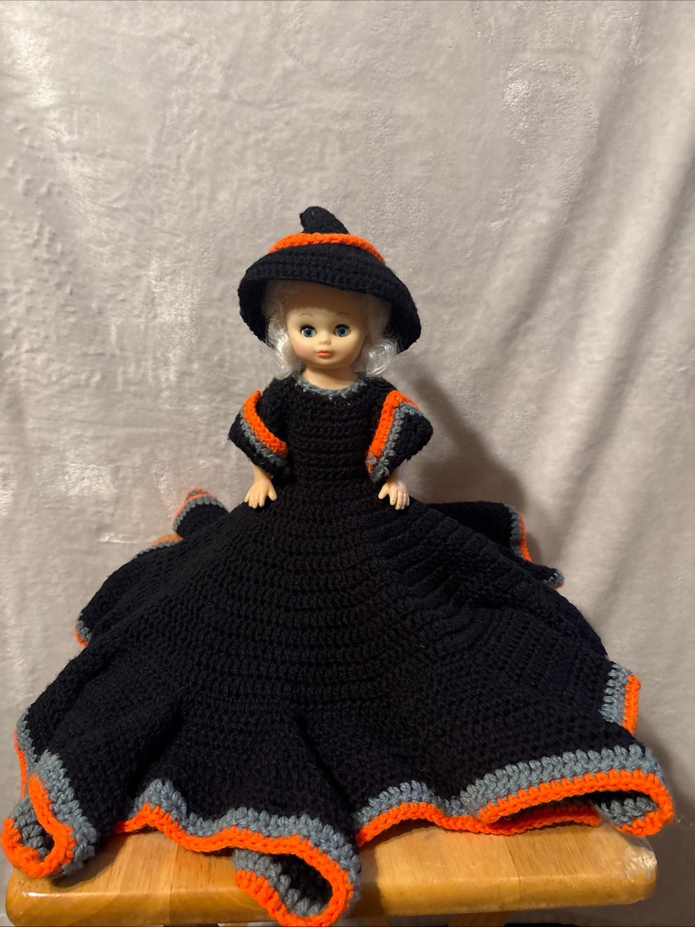 Vintage handmade crochet Black & Orange Doll Dress with Hat 13”
